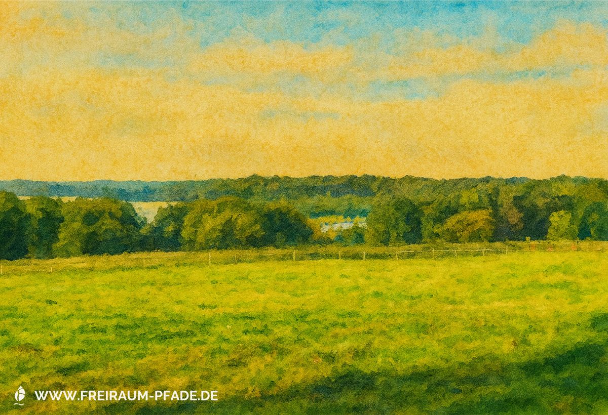 Weitblick über grüne Wiesen und Waldlandschaft mit See im Hintergrund – Symbol für einen erfüllten Naturmoment voller Vogelbeobachtungen und Verbundenheit