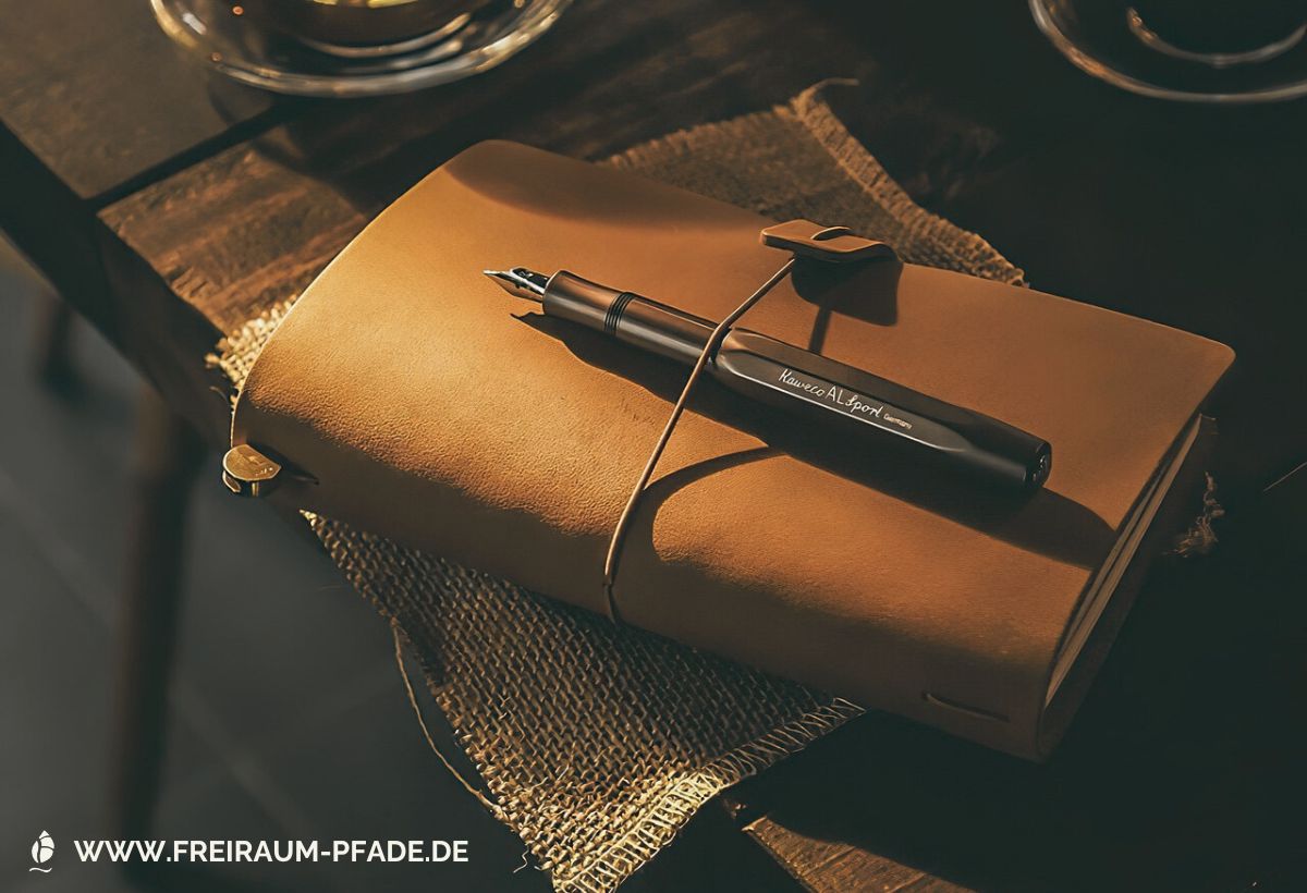 Braunes Lederjournal mit Füllfederhalter auf Holztisch - Symbol für langjährige Journaling-Praxis zur Selbstfindung