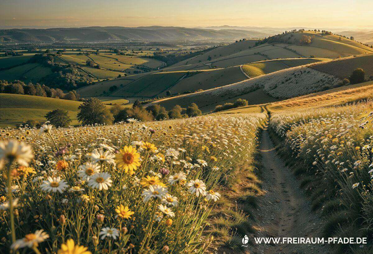 Eine blühende Sommerwiese mit gelben und weißen Margeriten im Sonnenuntergang, durch die ein schmaler Pfad führt, im Hintergrund eine sanfte grüne Hügellandschaft.